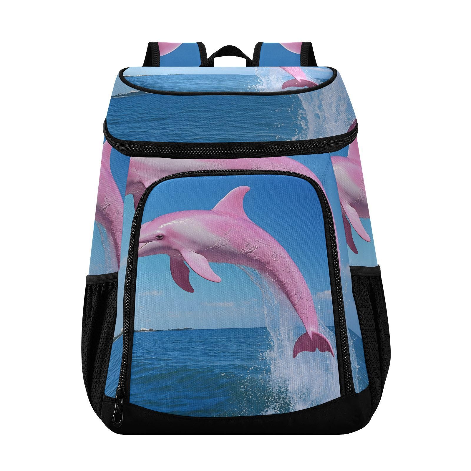 Pink Dolphin Nautical Ocean Cooler Backpack Cooler Insulated Leak Proof Lunch Backpack 36 Cans Waterproof Soft for Men Women Picnic Hiking Camping Beach