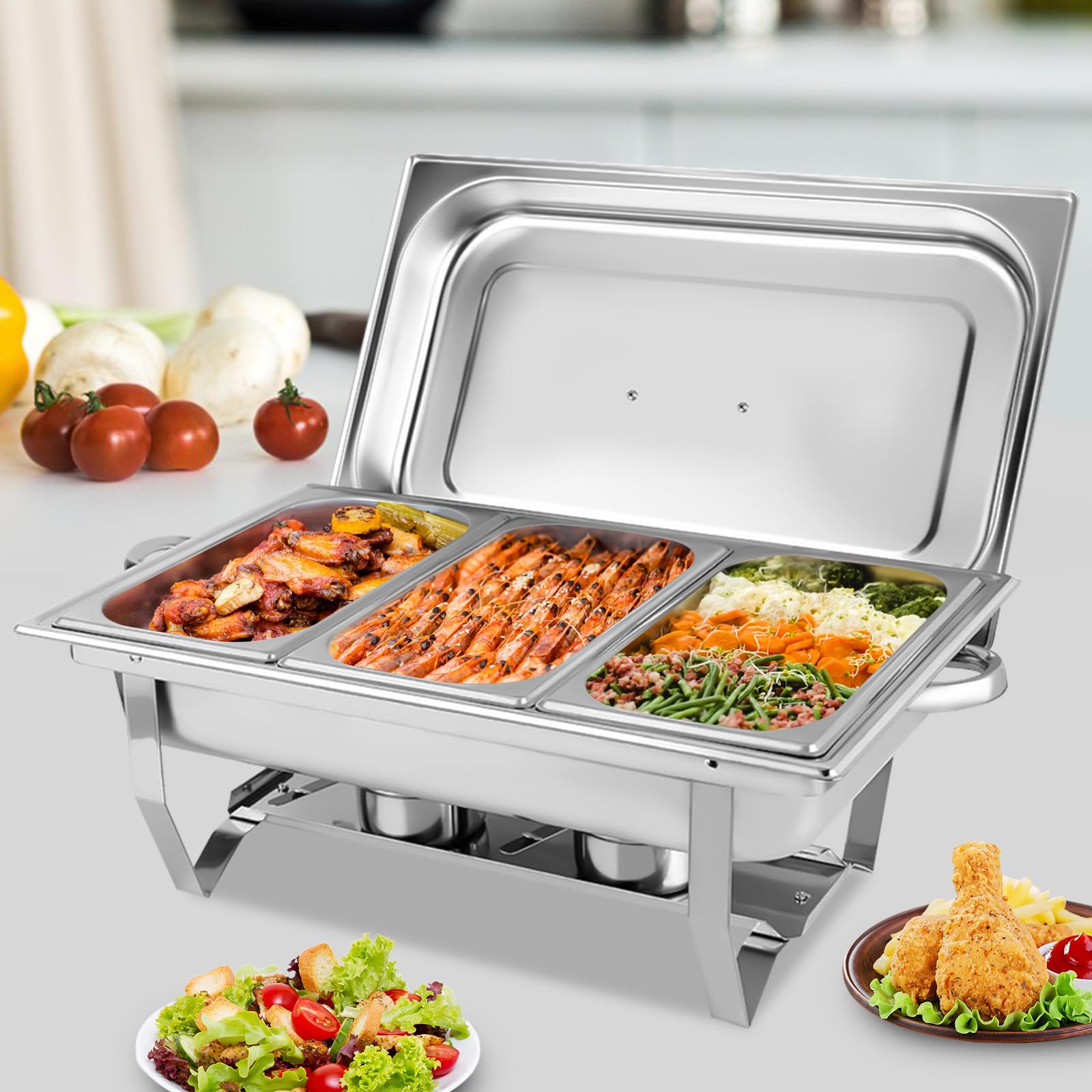 Set scaldavivande da 9 l, in acciaio inox, rettangolare, con telaio pieghevole e supporti per carburante, per feste, buffet, catering, banchetti, eventi