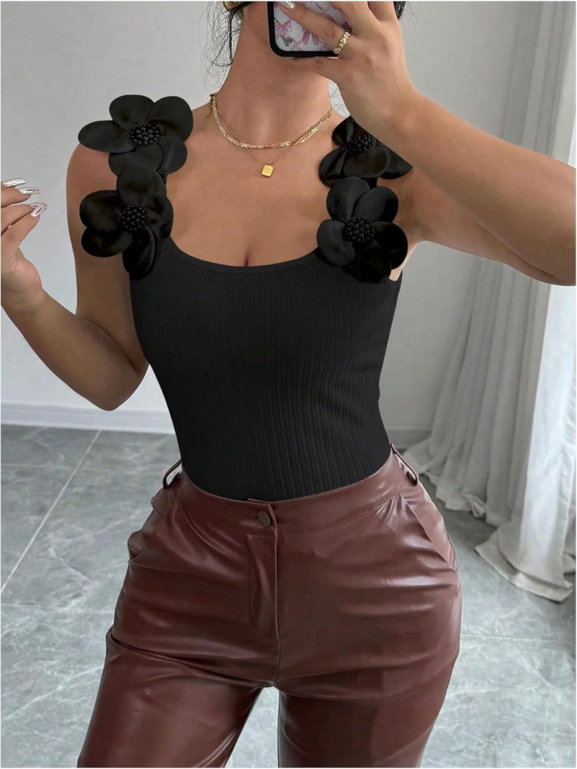 SweatyRocks Women's 3D Floral Fitted Tank Top Scoop Neck Sleeveless Ribbed Knit Tops - Image 6