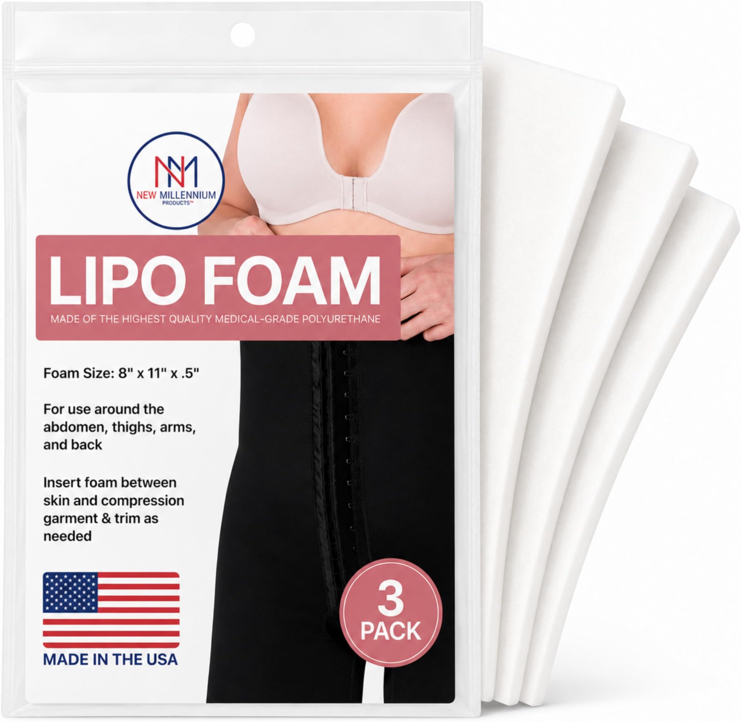 New Millennium Premium Lipo Foam Sheets: 3 Pack, Medical Grade, Made in USA | Post-Surgery Recovery. 8" x 11" Sheets for Comfort Under Compression Garments. Liposuction, Tummy Tuck & BBL Recovery.