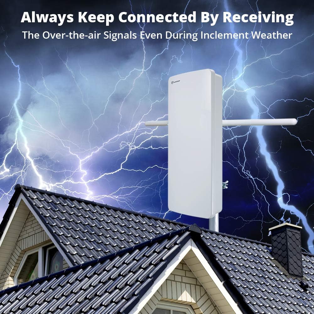 ANTOP HDTV ＆ FM Amplified Antenna Outdoor Indoor 85 Miles AT-800SBS Antenna with Dual Outputs Smart Boost System, Support TV and Second Device-FM Stereo, a Second TV or Any OTA-Ready Streaming Device