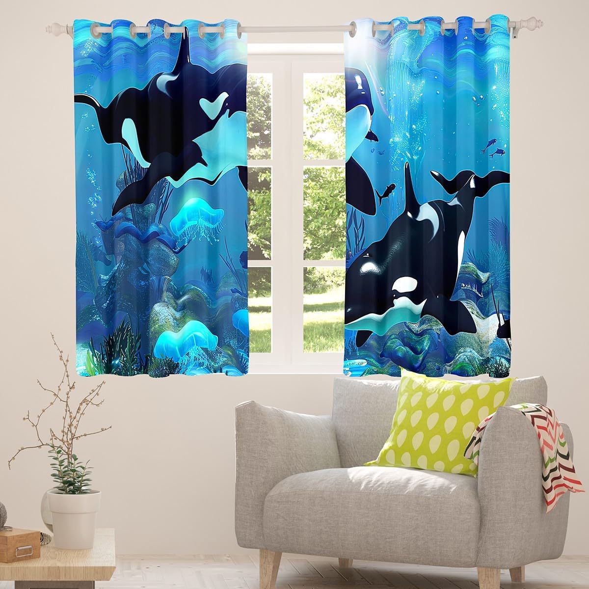 Killer Whale Curtain Panels Orcinus Orcas Window Curtains The Underwater World Jellyfish Window Drapes for Kids Boys Girls Deep Sea Animals Marine Life Window Treatments Living Room Decor 42W x63L