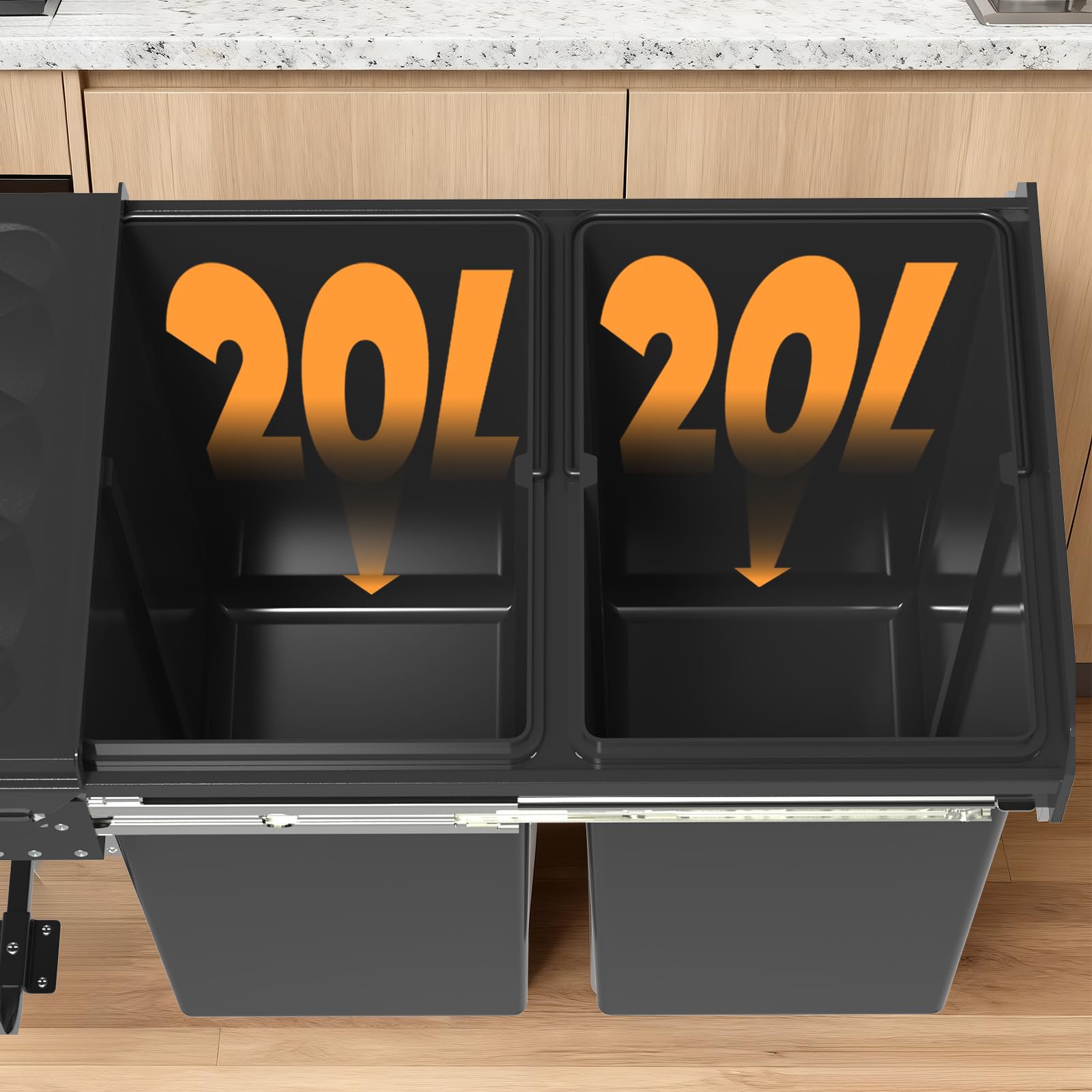 Huracan Mülleimer Küche Unterschrank Ausziehbar 40L, Mülleimer 2 Fächer, Mülltrennsystem Küche, Einbaumülleimer, Abfallsammler für Küchenschrank, Herausnehmbare Eimer, Platzsparend, Schwarz