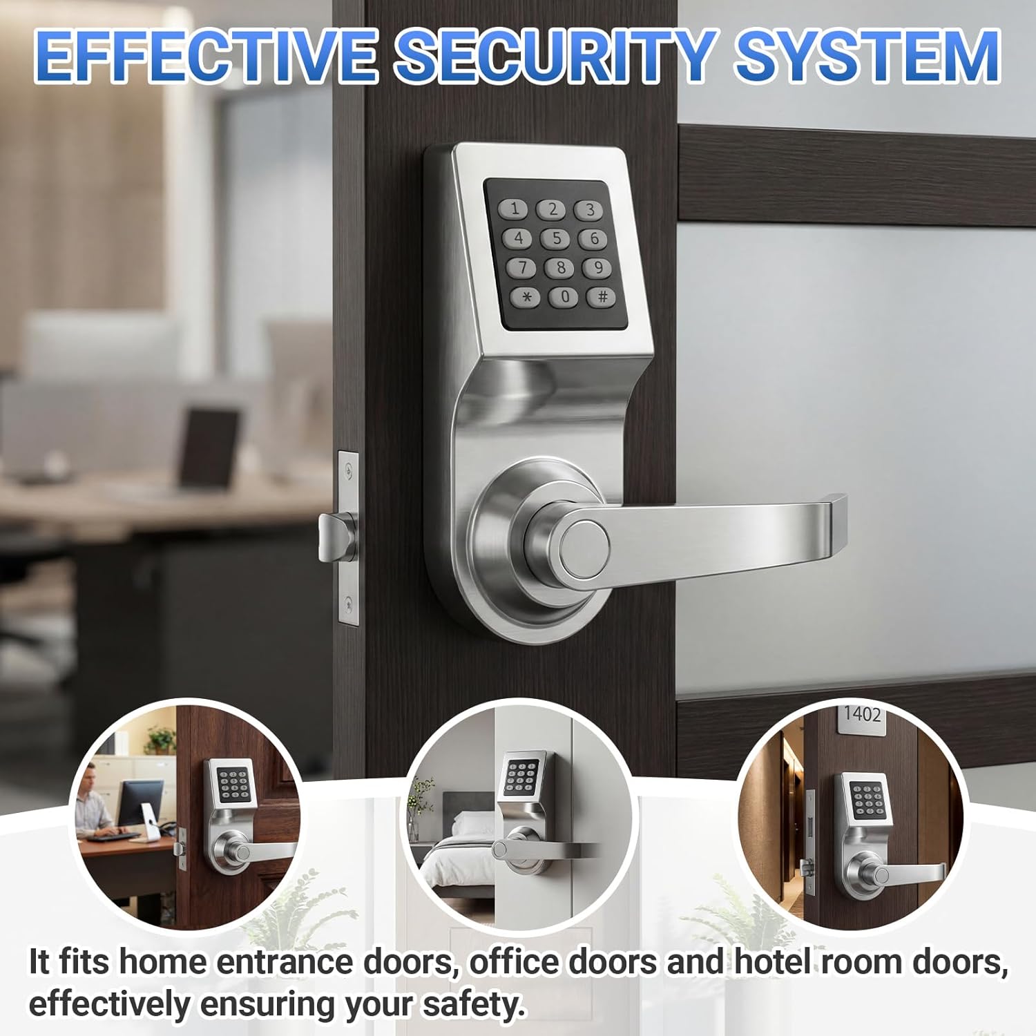 Hicarer Stand-Alone Commercial Door Lock Electronic Digital Keypad Door Lever Set Stainless Steel Security Lock with Keypad, Key & Card Entry for Office Apartment Warehouse, Zinc Alloy Password Panel
