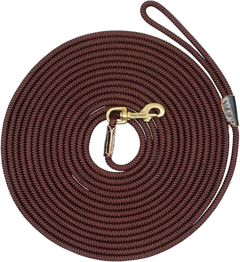 PET ARTIST Braided Nylon Rope 10ft-66ft Tracking/Training Dog Leash, Dark Brown Rope with Anti-Rust Heavy Duty Copper Clasp/Hook - Extra…