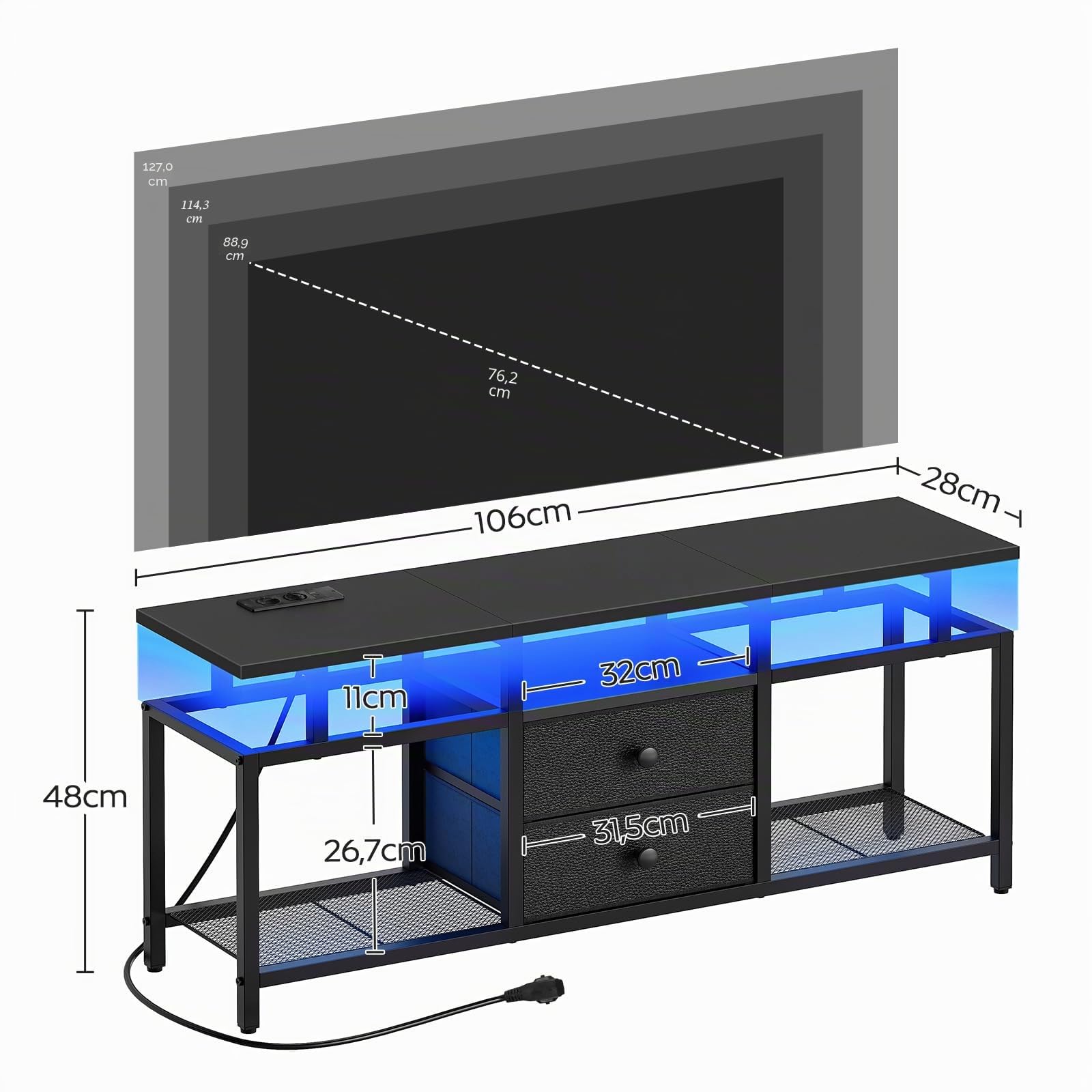 YATINEY Meuble TV Flottant, pour télé de 45'' Pouces maximale, Console Média avec Station de Charge et Ruban LED, 2 tiroirs, Centre de Divertissement pour Salon, Chambre, Noir XDS03CDBB