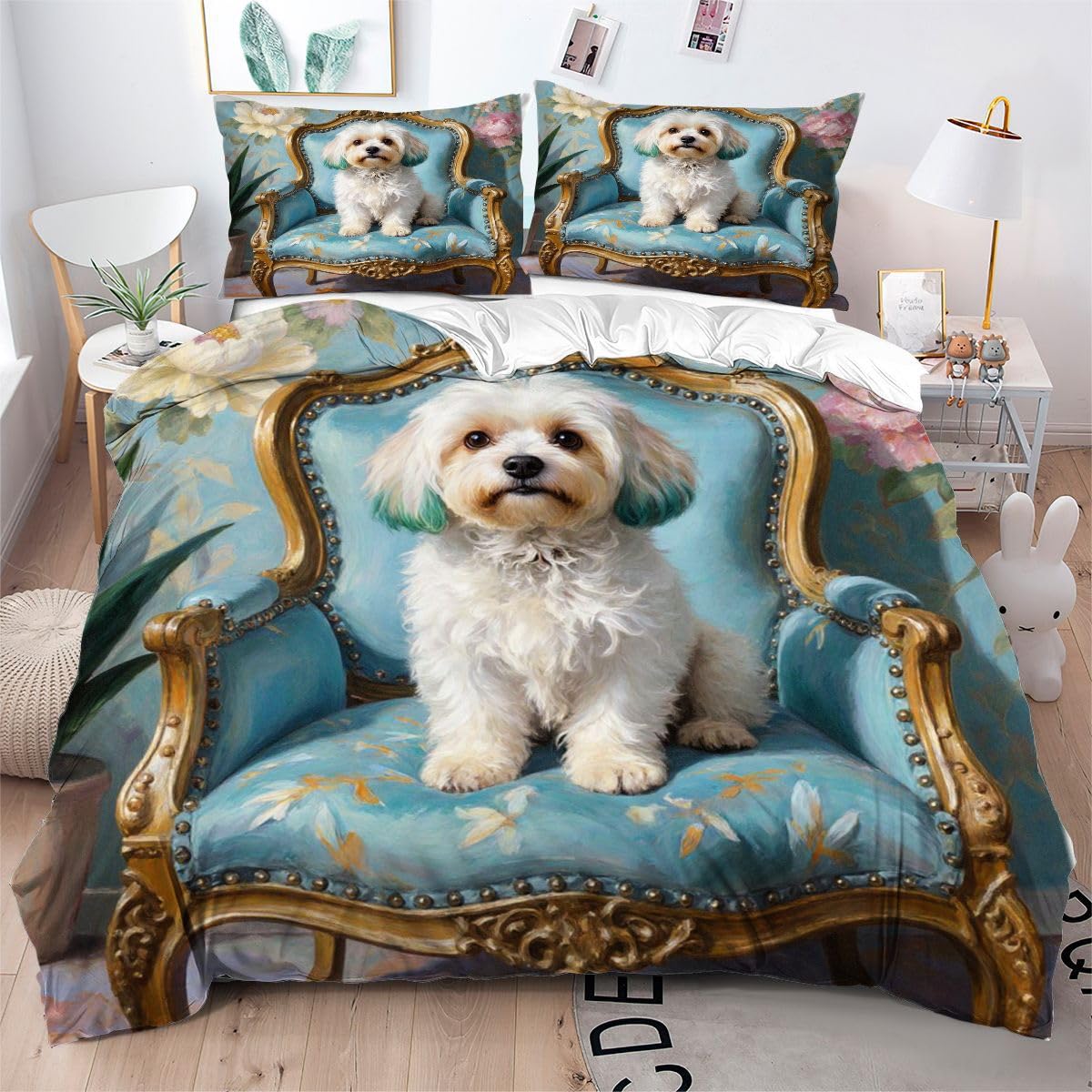 Housse de couette 160x200 chien 3D avec 2 taies 65x65 pour lit 1 place