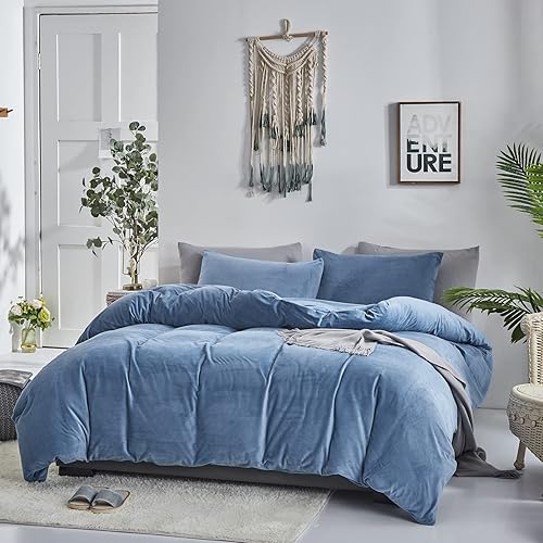 Miniatura 197 de Luxlovery - Juego de edredón azul neblina, tamaño matrimonial, minimalista, azul polvoriento, edredones de algodón suaves y transpirables, azul