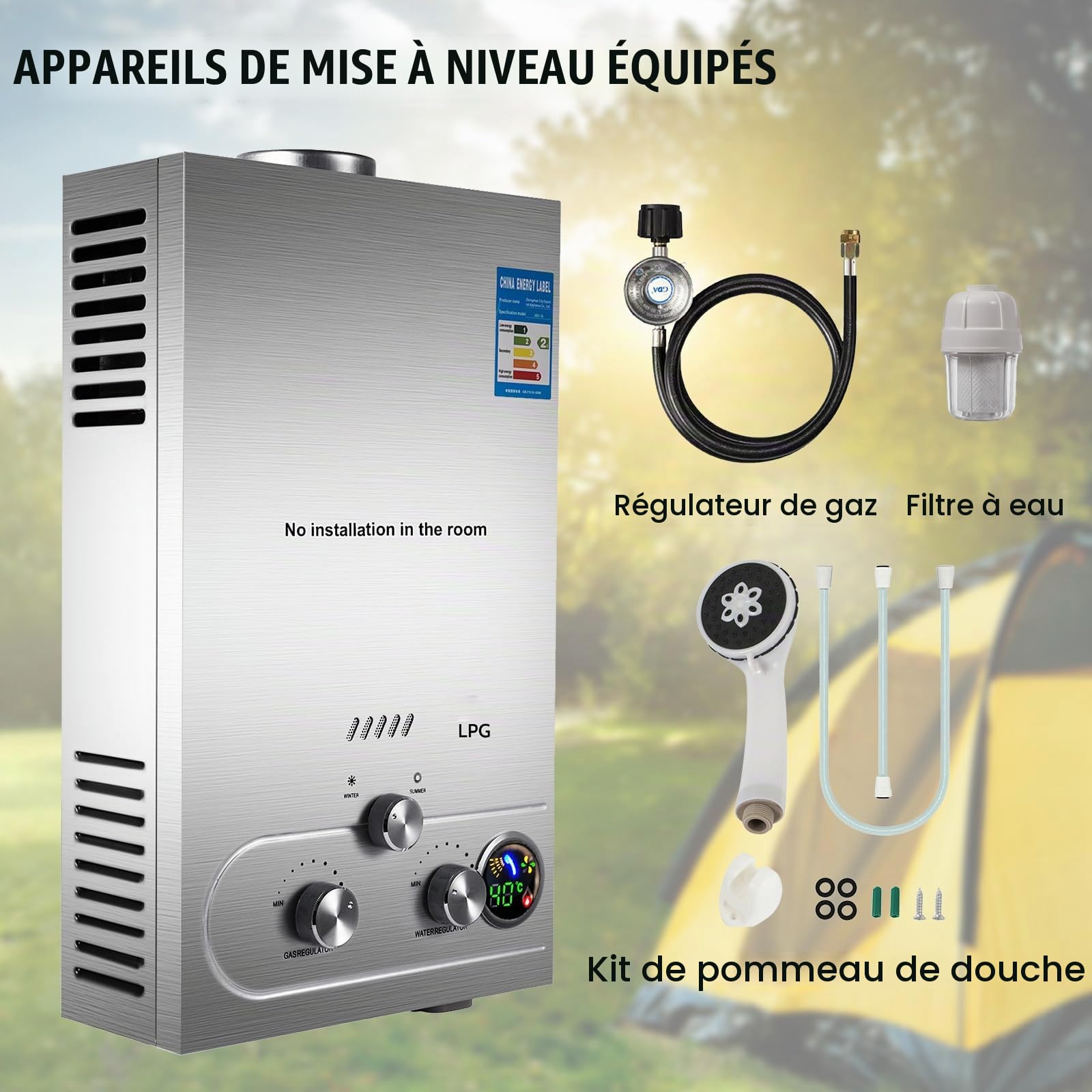 Chauffe-eau à Gaz 8LPM, Chauffe eau instantané, LPG Propane Butane 16KW Inoxydable Pression d'eau Ultra basse disponible Convient pour la Famille, Camping-car (8L)