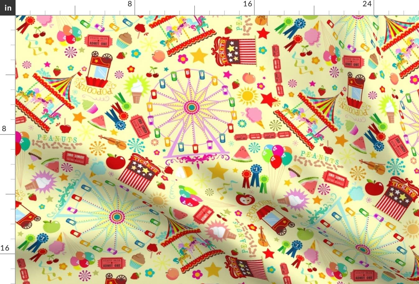Spoonflower Fabric - Magical State Fair Wheel Music Food Balloons Yellow Carnival Printed on Minky Fabric by The Yard - Sewing Baby Blankets Quilt Backing Plush