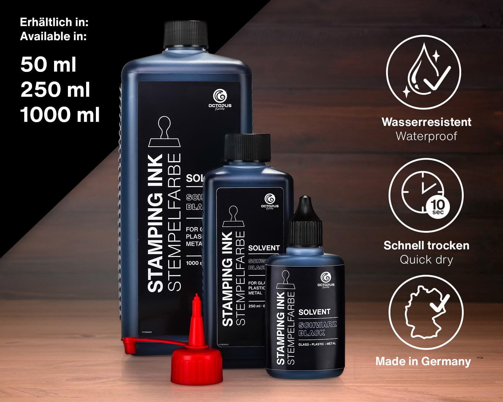 Octopus tinta para sellos al disolvente de 1000 ml, negra, con base de disolvente para superficies no absorbentes y no porosas, translúcida