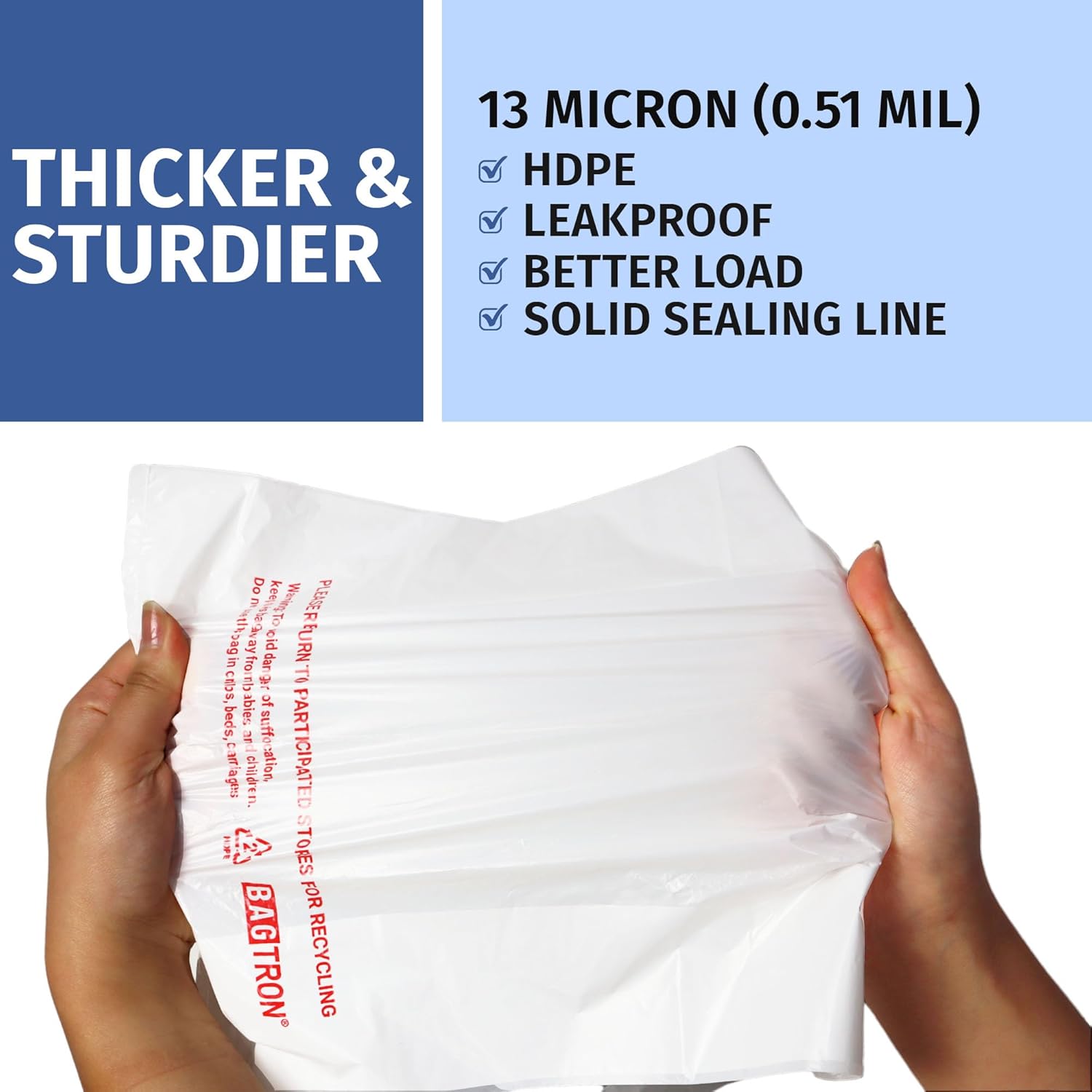 T-Shirt Carry-Out Bags, Disposable Plastic Bags with Handles for Shopping and Restaurant, 1/8 Barrel, 0.51 Mils, White, 10" x 5" x 18", 1000 Count - Image 2