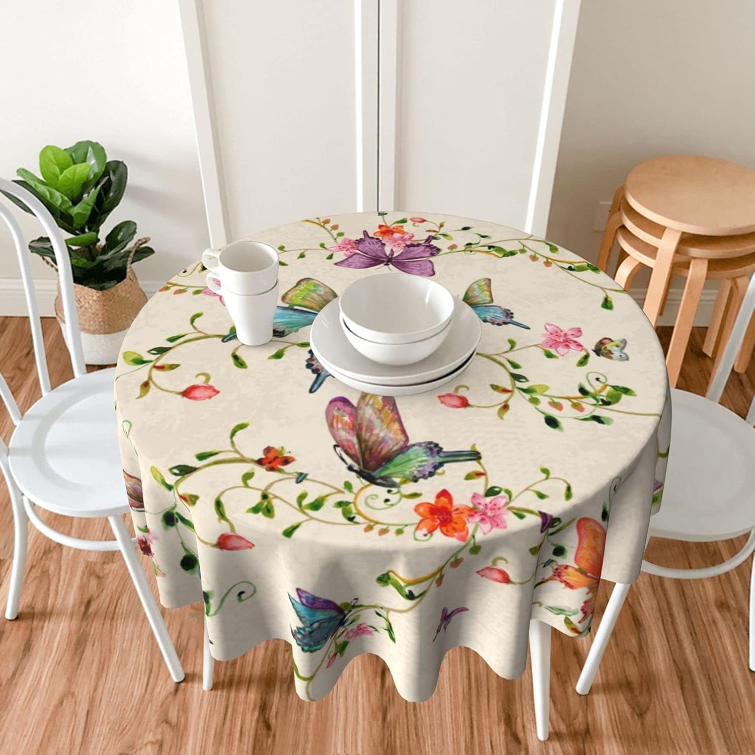 FREEHOTU Vintage Butterflies Round Tablecloth Thicken Desk Cloth Washable Table Cover Table Cloth for Kitchen Daily Dinning Party Tabletop Decor 60 Inch