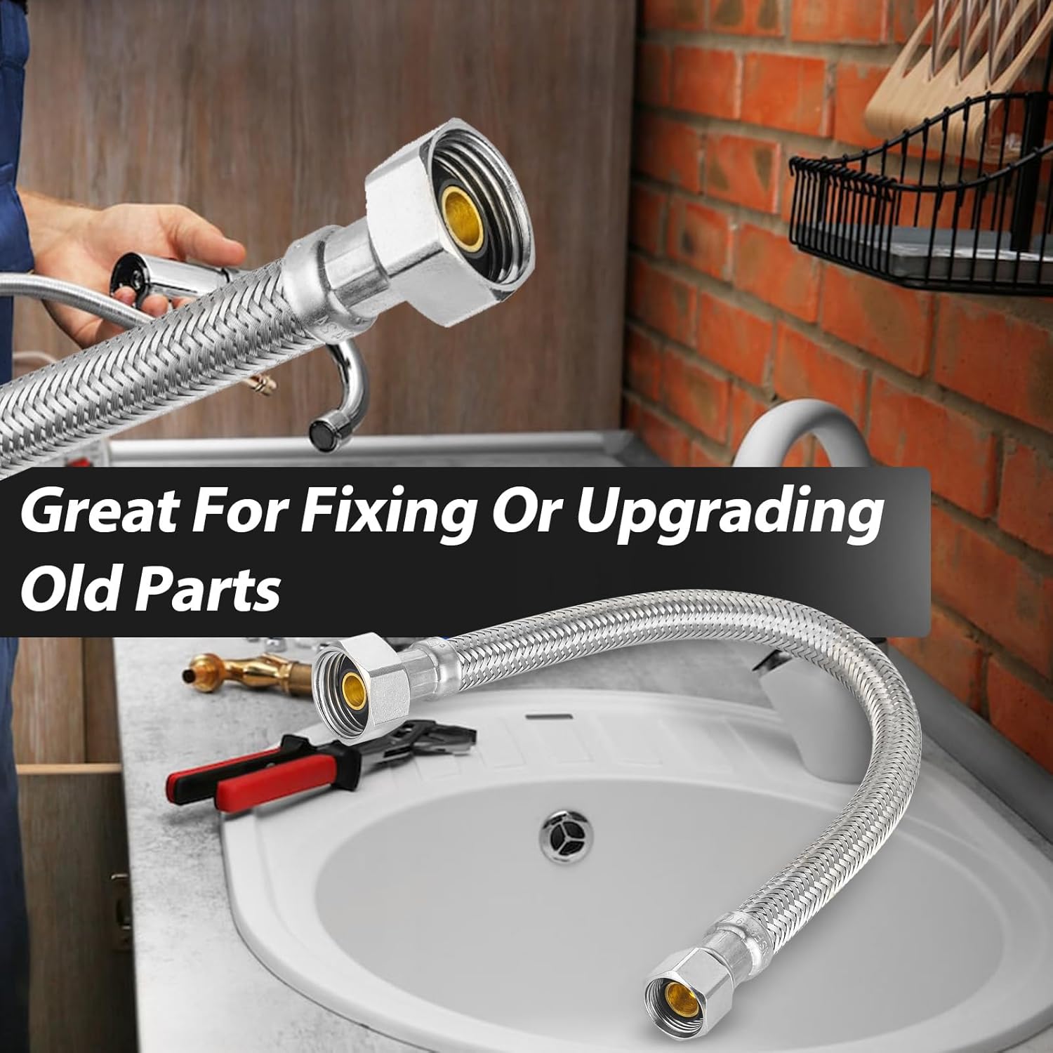 Pack of 50 Foskan 12” Braided Faucet Supply Lines,3/8" COMP x 1/2" FIP Water Connection,Stainless Steel Faucet Hose,Connection to water shut-off valve（12-Inch Length）