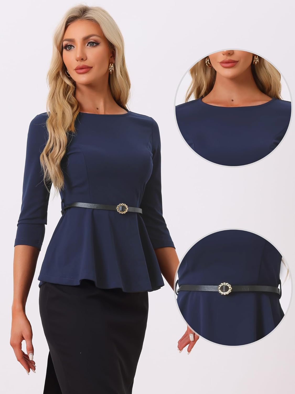 Allegra K Peplum Tops for Women's 3/4 Sleeve Belted Business Work Dressy Casual Blouses - Image 4