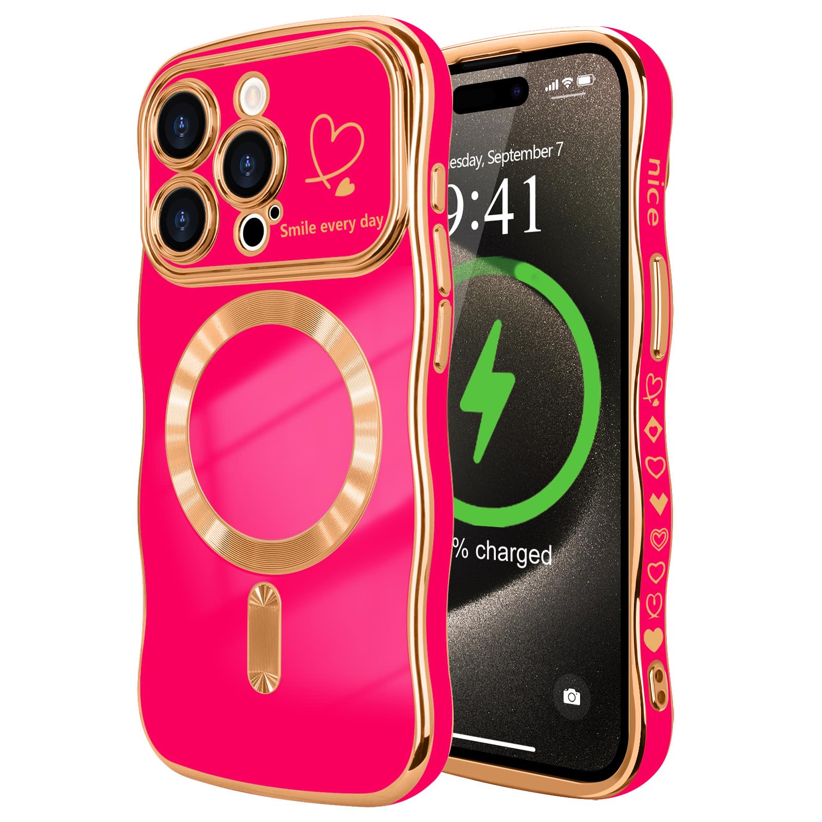 LCHULLE for iPhone 15 Pro Max Case for Women Girls [Compatible with MagSafe] Cute Curly Wave Shape, Magnetic Love Heart Pattern with Camera Lens Cover