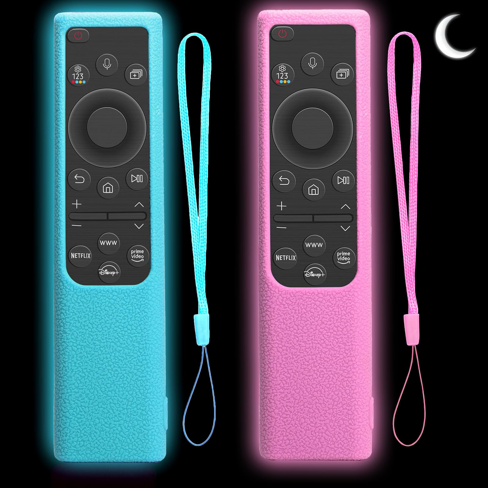 View 1 of 2 Pack Silicone Remote Cover for Samsung Smart TV Remote 2019–2026, Glow in The Dark Protective Case for Solar Cell Remote BN59-01357 BN59-01385 BN59-01265A, Anti-Slip (Pink & Blue)