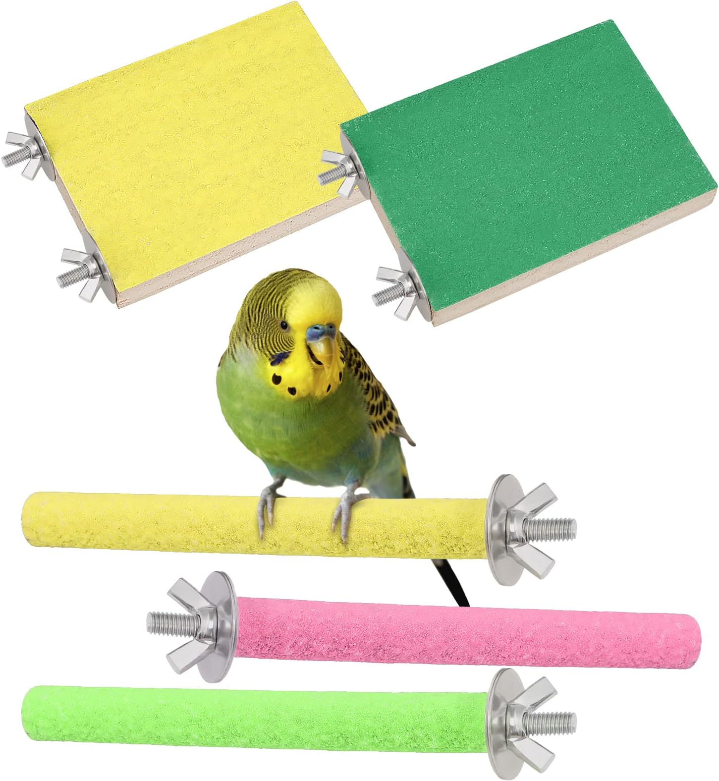 5 Pack Parrot Budgie Perch, Natural Wood Bird Scrub Perch Platform and Paw Grinding Stick Bird Cage Toys Accessories for Small Parakeets Cockatiels Budgies Parakeet Lovebird