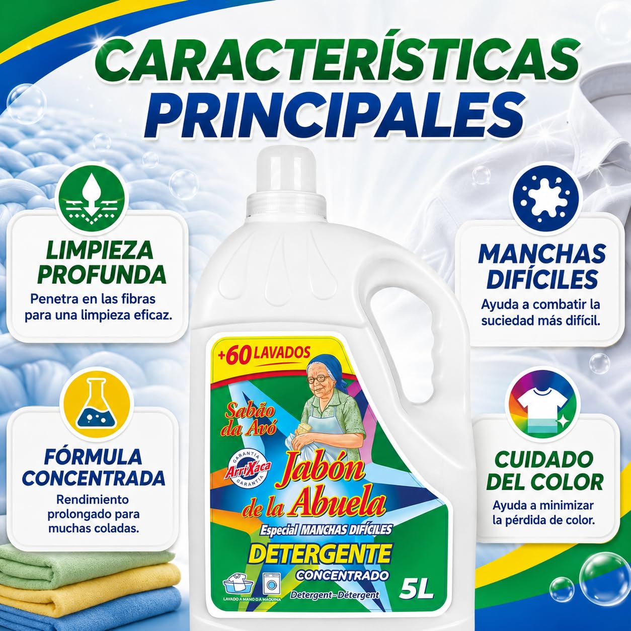 Detergente Líquido Concentrado para Lavadora 20 Litros, Especial contra Manchas Difíciles, más de 60 Lavados Garantizados