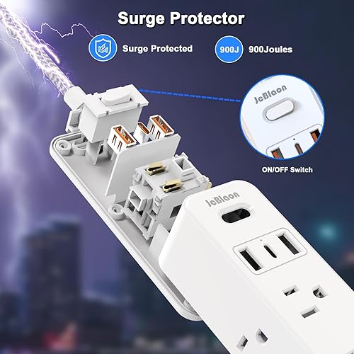 Miniatura 6 de Regleta protectora contra sobretensiones, cable de extensión de enchufe plano de 5 pies con múltiples tomas, 6 salidas con 3 puertos USB (1 USB C),