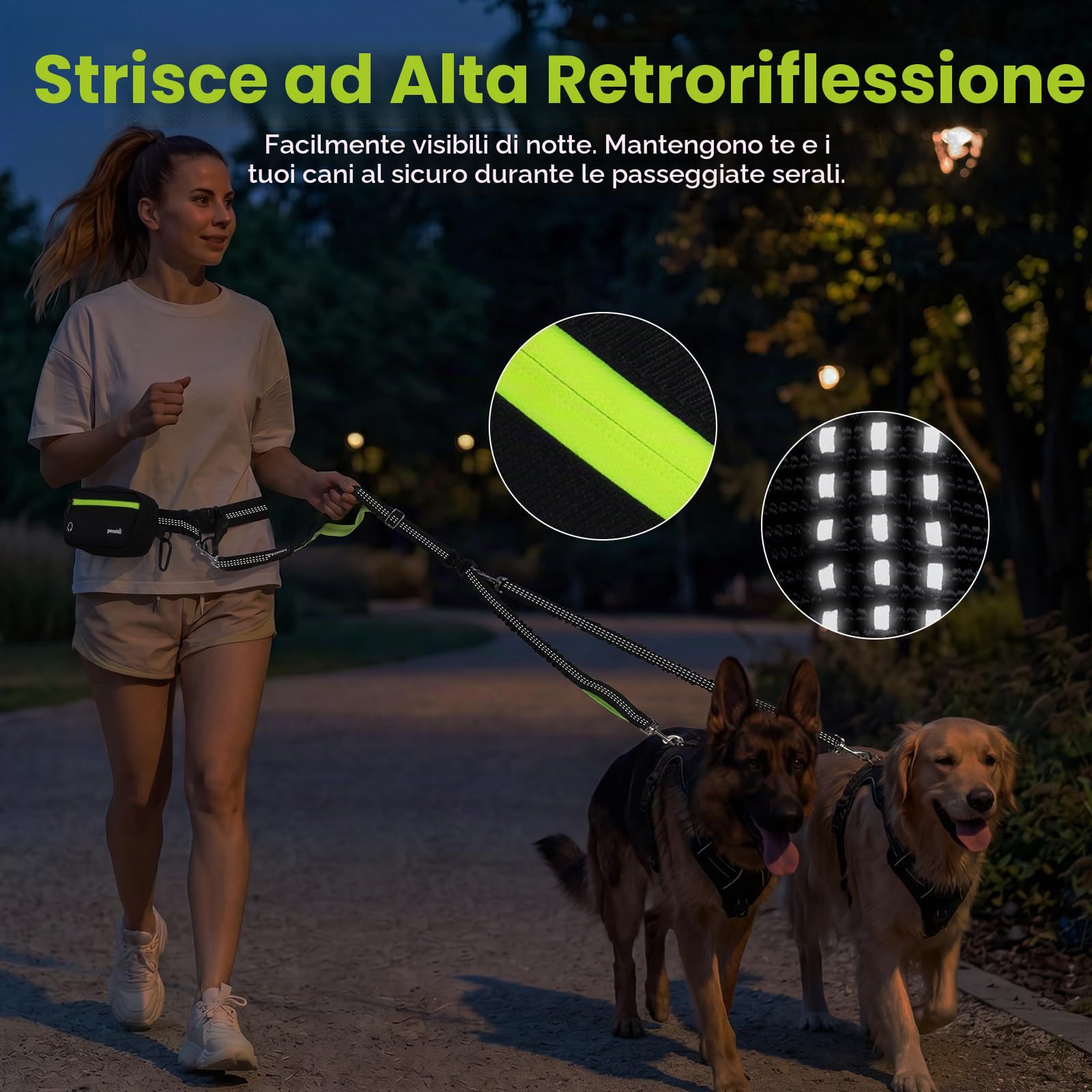 Pecute Guinzaglio Doppio per Cani Mani Libere con Borsello Impermeabile | Guinzaglio Anti Tiro con Corda Elastica e Doppi Manici Riflettenti per Cani 5-15kg