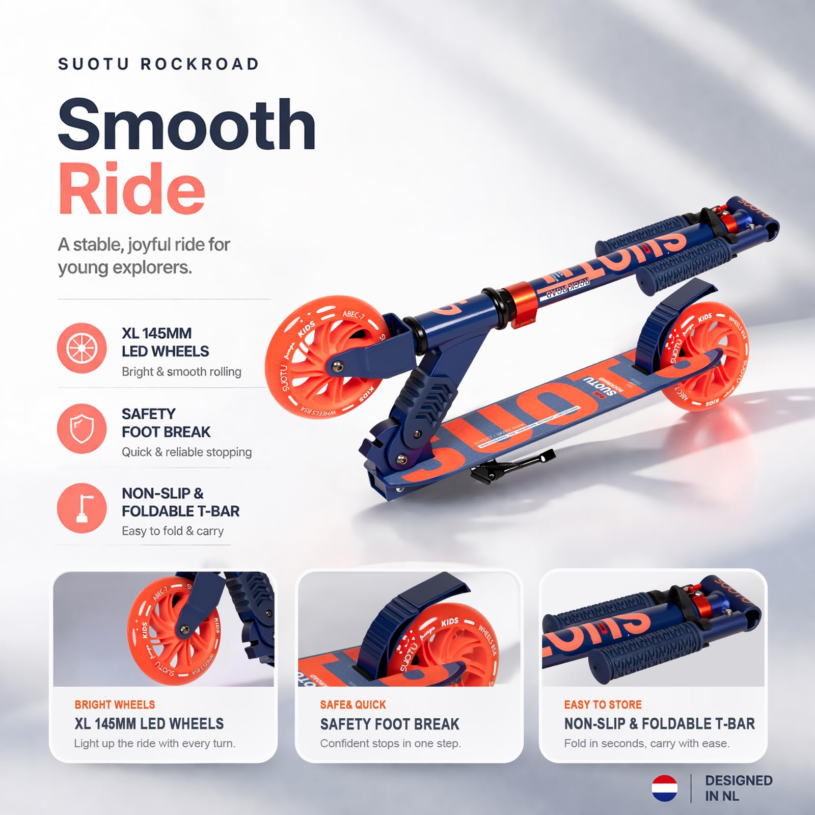 Monopattino con Ruote luminose da 145 mm, Capacità: 100 kg, Pieghevole, Regolabile in Altezza, Scooter per Bambini 3-12 Anni, Alluminio