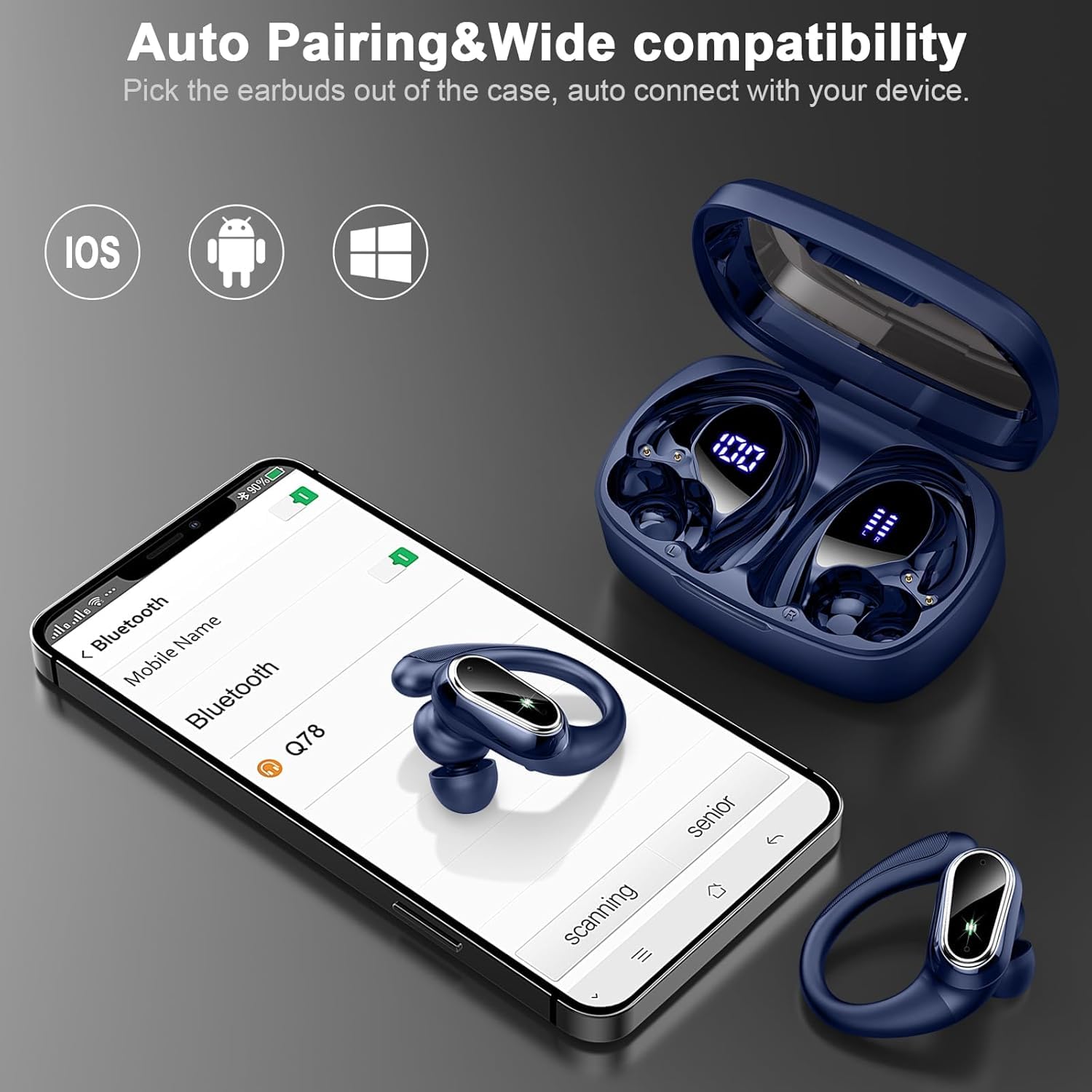 Cuffie Bluetooth Sport, Auricolari Bluetooth 5.3 Wireless con 4 ENC Cancellazione Rumore Mic, 50 Ore HiFi Stereo Cuffie Wireless, IP7 Impermeabile, Cuffiette Bluetooth con LED Display, USB-C, Blu