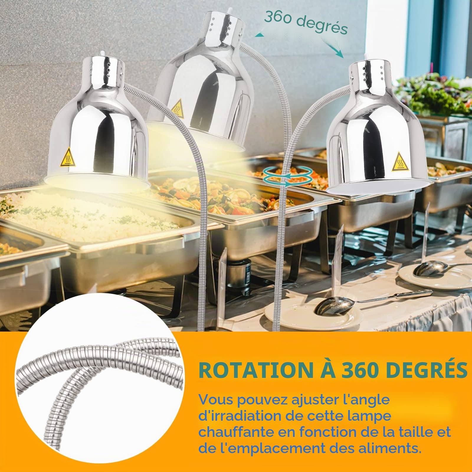 YJINGRUI 250W Self Standing Heating Lamp, Silver 2 Pack | With extendable hose up to 70 cm for buffet, kitchen, restaurant (double bulbs)
