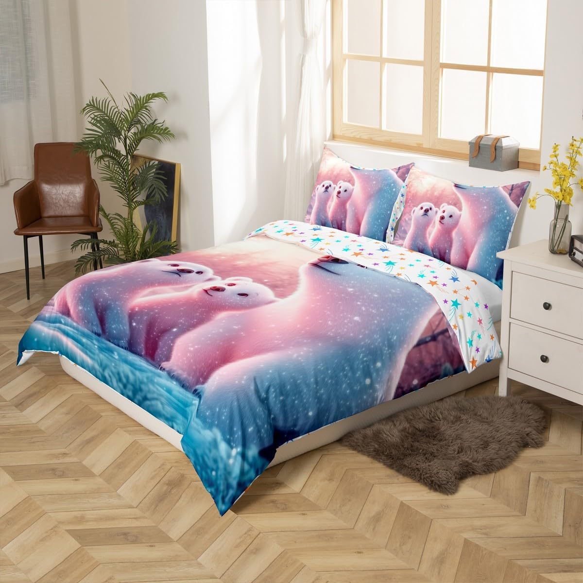 Manfei Polar Bear Kids Duvet Cover Set Toddler Size,Arctic Lights Iceberg Bedding Set,Boys Girls Room Decor,Wild Animal Theme Quilt Cover,Pink White,No Comforter