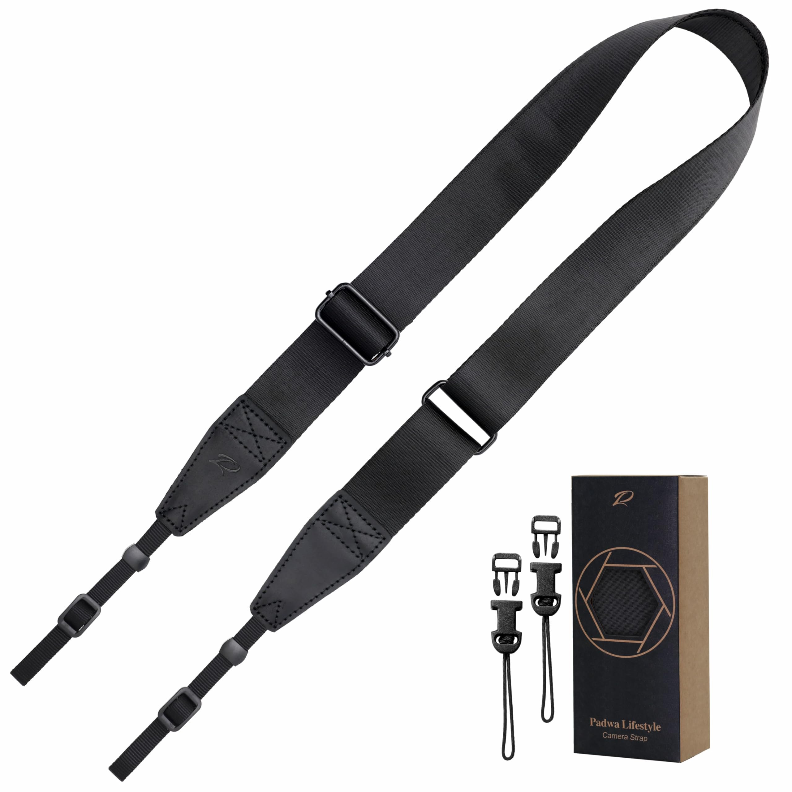 Padwa Lifestyle Black Adjustable Camera Strap - 1.5" Top Layer Cowhide Head Camera Straps for Photographers, Nylon Adjustable Neck Shoulder &amp; Crossbody Strap Quick Release for All Cameras