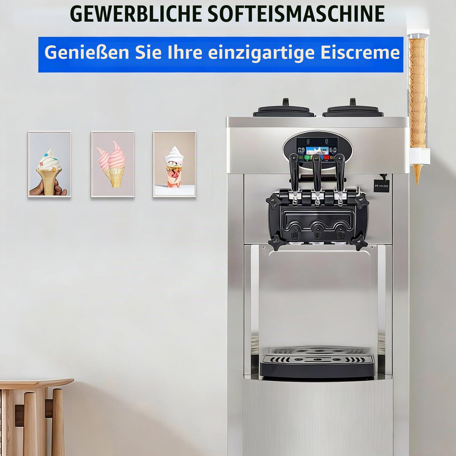 Kommerzielle Eismaschine, 20–28 L/h 2200 W, Kommerzielle Softeismaschine, Gewerbliche Eiscrememaschine mit 3 Aromen & 2 x 6L & LED-Panel, für Restaurant, Café (8228H)