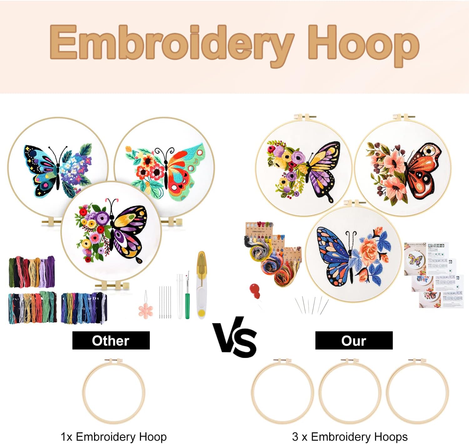 Anidaroel 3 Sets Butterfly Flower Pattern Embroidery Starter Kit for Beginners, Stamped Cross Stitch Kits for Beginners Adults Include Embroidery Fabric Embroidery Hoop Threads and Needles
