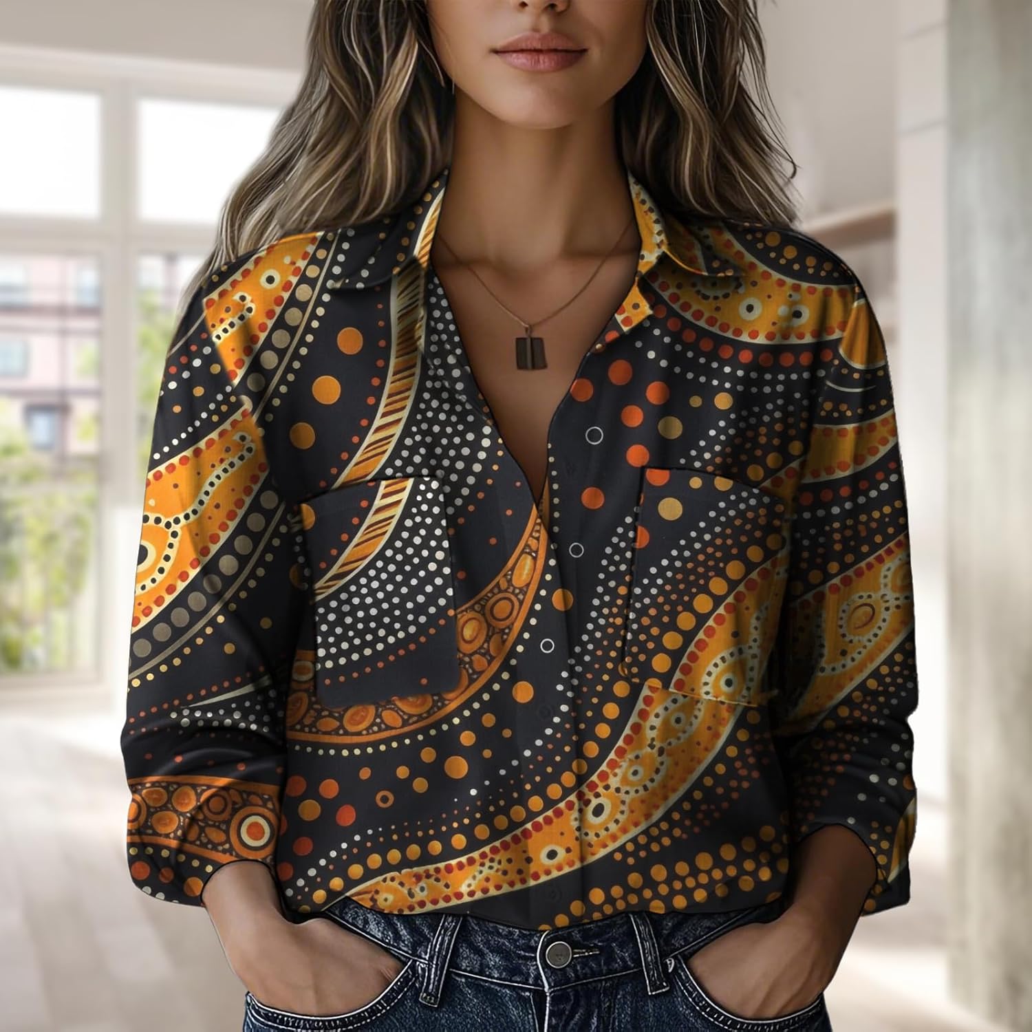 Summer Shirts for Women Casual Outfit Button Down Long Sleeve V Neck Blouses Gauze Plus Size Tops with Two Pocket - Image 2