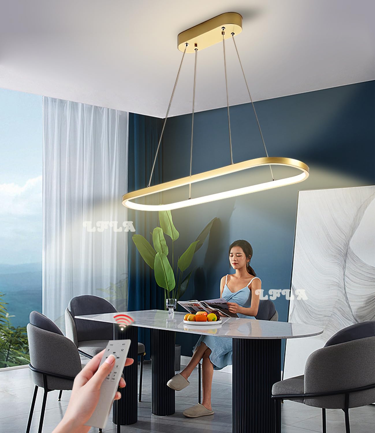 Dimmable LED Pendant Light Dining Room Modern Dining Table Hanging Lamp with Remote Control Oval Design Chandelier Height Adjustable Creativity Study Kitchen Living Room Light (Gold, L90cm,41W)