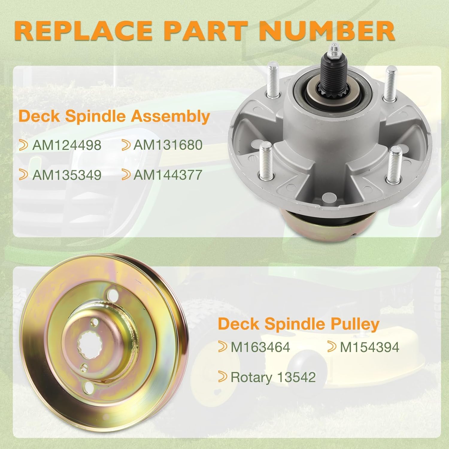 1 x AM144377 Deck Spindle&1 x M163464 Deck Spindle Pulley Compatible with John Deere Z425, Z435, Z445 Ztrak Zero Turn Mowers with 48" 54" Deck, Lawn Spindle Assembly, Main Shaft Pulley