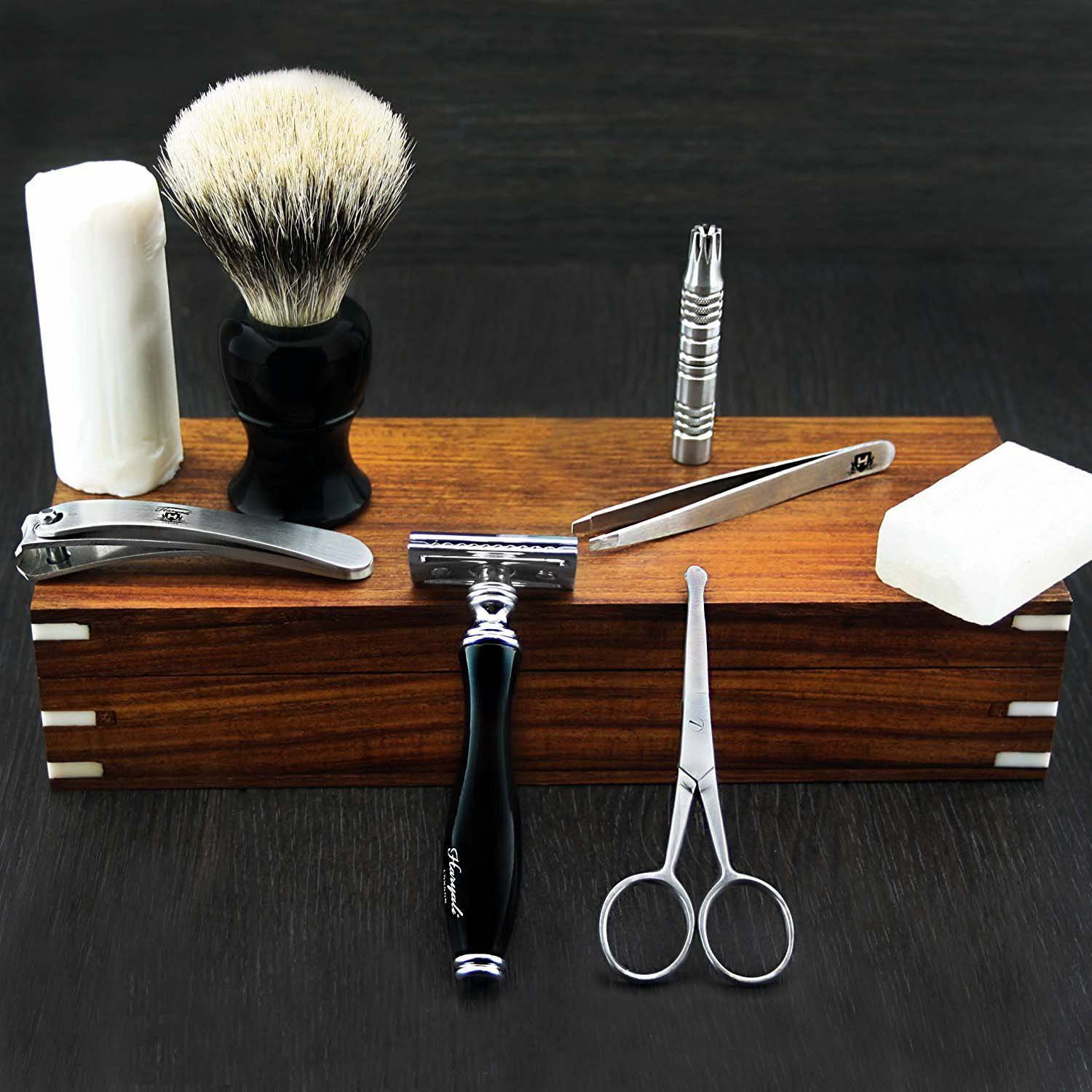 Handmontierte klassische Silberspitze Dachshaarbürste Rasierschaum, Alaunblock, Nasenschneider, Nasenschere, Pinzette, Nagelschneider in antiker Holzkiste 9-teiliges Geschenkset.