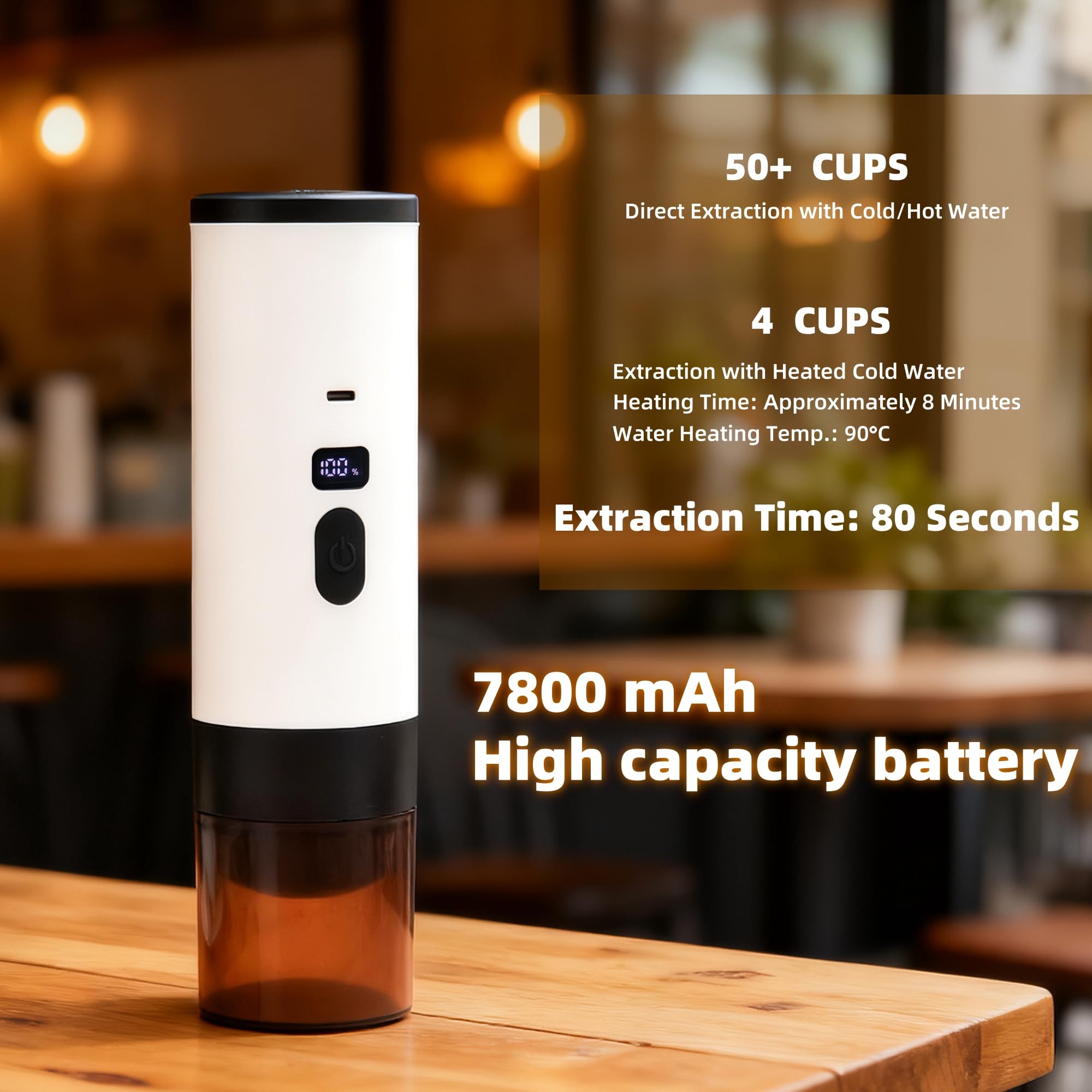 Macchina per caffè espresso portatile 3 in 1 con batteria | Macchina da caffè con funzione di riscaldamento | Ricarica di tipo C | Temperatura e indicatore batteria | Caffè da viaggio