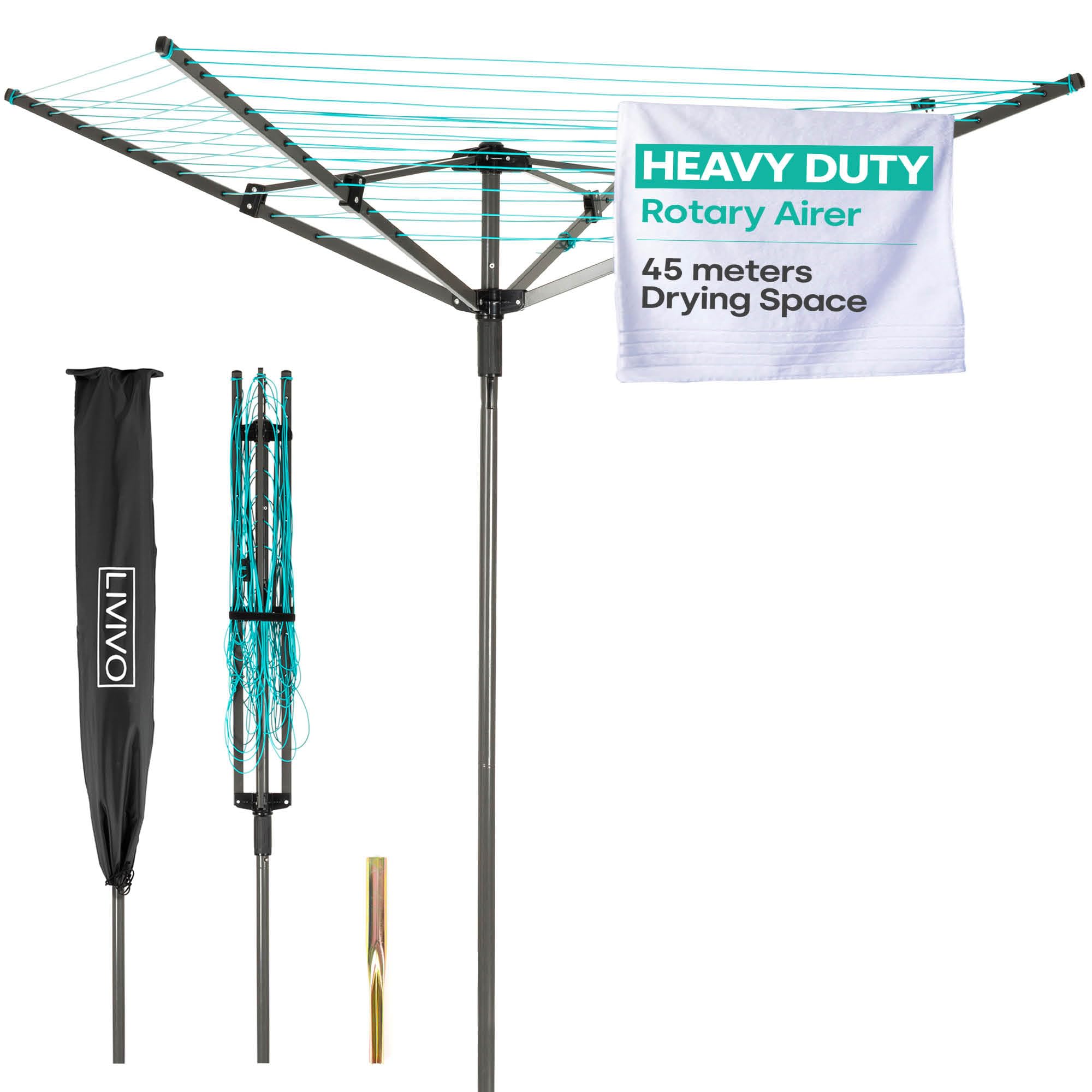 LIVIVO 4 Arm Rotary Washing Line - 45M Outdoor Clothes Line for Outside - Foldable Garden Rotary Outdoor Clothes Dryer Rotary Airer with Free Ground Washing Line Spike and Cover - Turquoise