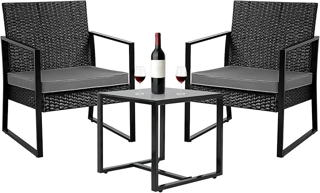 3 PCS Rattan Garden Furniture Set, Outdoor Rattan Wicker Bistro Set Garden table and Chairs with Coffee Table, Cushions and 2 Armchairs for Indoor Outdoor, Patio, Garden, Backyard (Black + Grey)