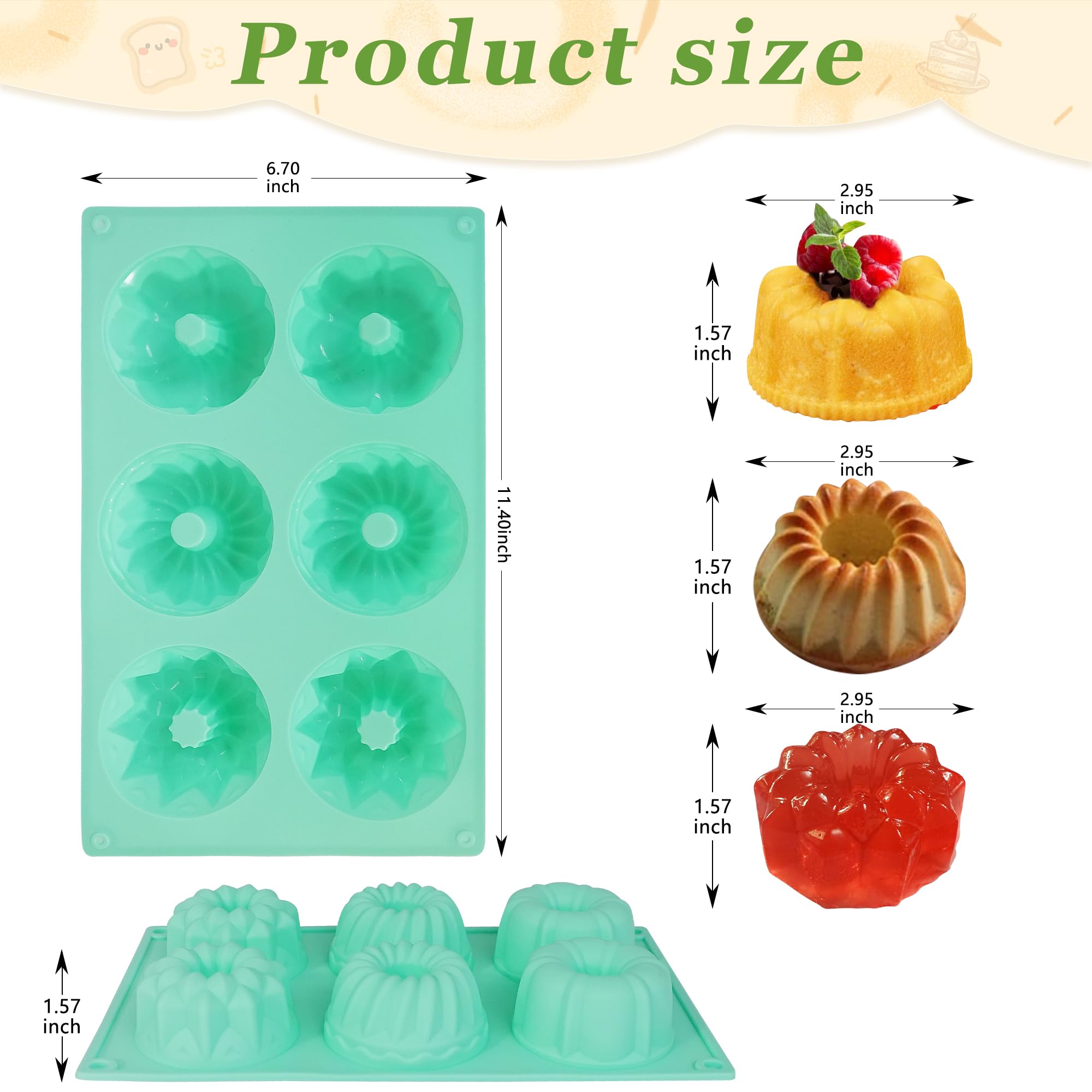 Zorazio Mini molde para tartas, 3 moldes de silicona estriados de silicona, moldes de silicona antiadherentes de 6 cavidades para hornear magdalenas, pan de maíz, brownie, gelatina