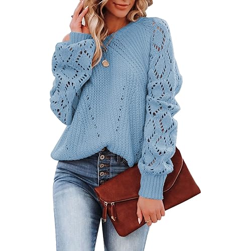 SHEWIN Women's Casual Long Sleeve Crewneck Crochet Sweater Lightweight Knit Pullover Sweaters Tops
