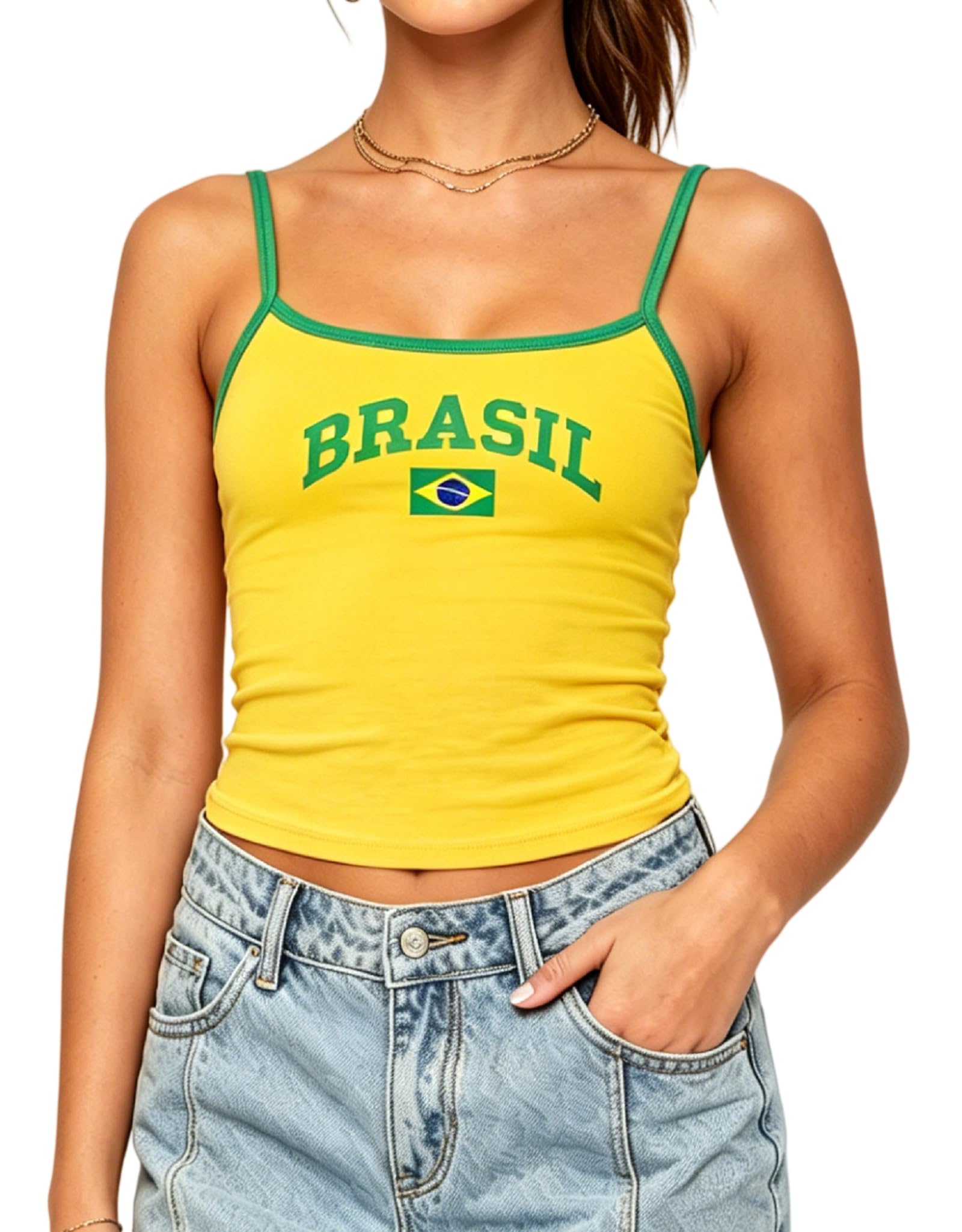 Barbotimer Y2k Spaghetti Strap Tank Top England Brazil Flag Square Neck Crop Cami Top Italy Mexico Argentina Espana Jersey Top (Brazil, L)