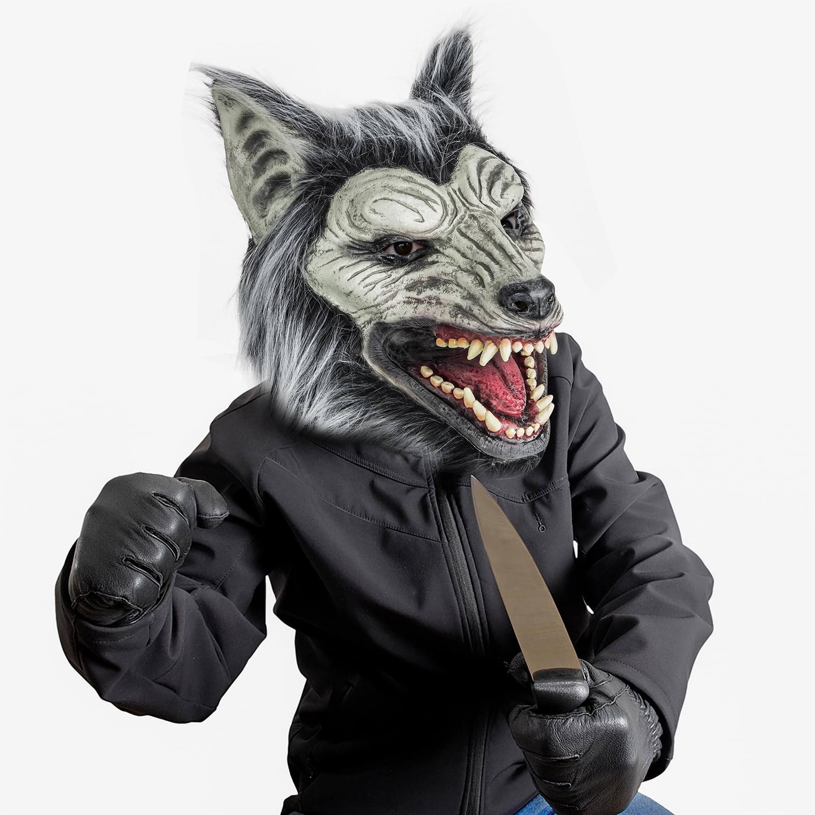 Halloween Werwolf Maske Mit Krallen - Graue Latex-Maske & Handschuhe Für Cosplay & Gruselpartys
