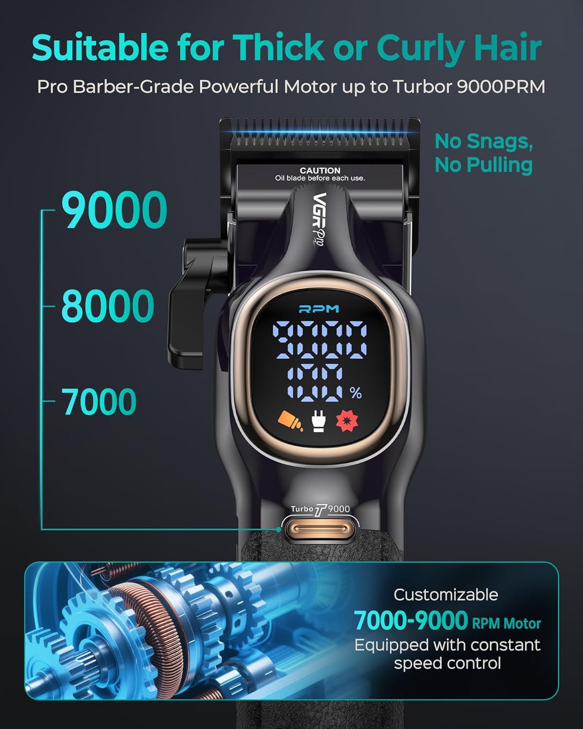 Professional Hair Clippers for Men, Professional Barber Clippers and Trimmer Set, Cordless Hair Clippers for Hair Cutting with Package Case, Powerful 9000 PRM Rechargable Electric (Black) - Image 3