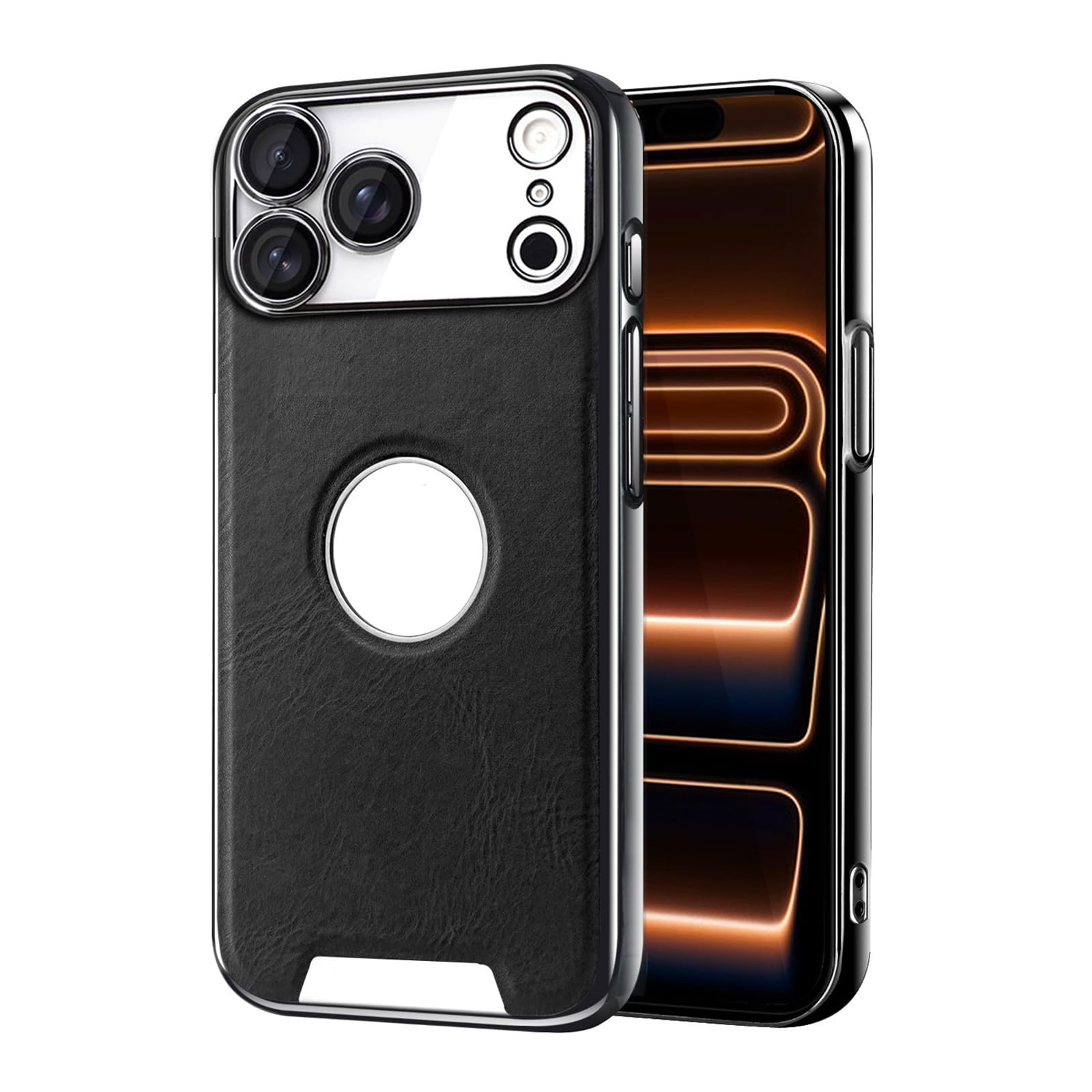 MFAOSHI Slim Case for iPhone 17 Pro Max/17 Pro/17 Air/17, Luxury Business Electroplated Leather Cover with Logo View Camera Protection Case,Black,17 Pro
