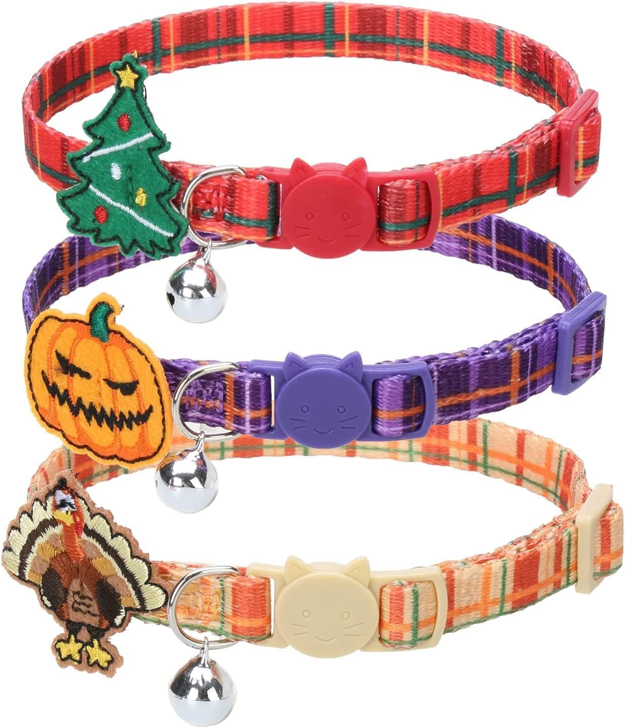 Furryhug Christmas Cat Collars 3 Packs, Soft Adjustable Breakaway Kitty Collars with Bells Quick Release, Plaid Pattern with Pumpkin,…