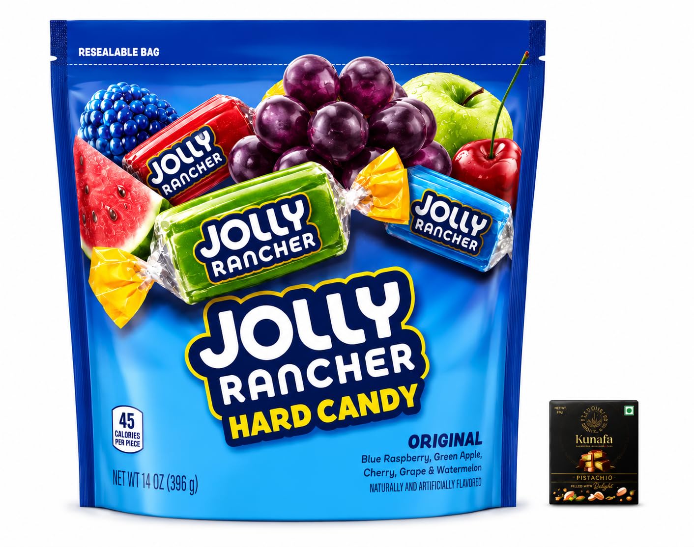 Jolly's Rancher Hard Candy Original, Blue Raspberry, Green Apple, Cherry, Grape & Watermelon, Resealable Bag, 396g with Free Flavourito Kunafa Pistachio Chocolate Bar, 20g By Decadent Foods-image-14