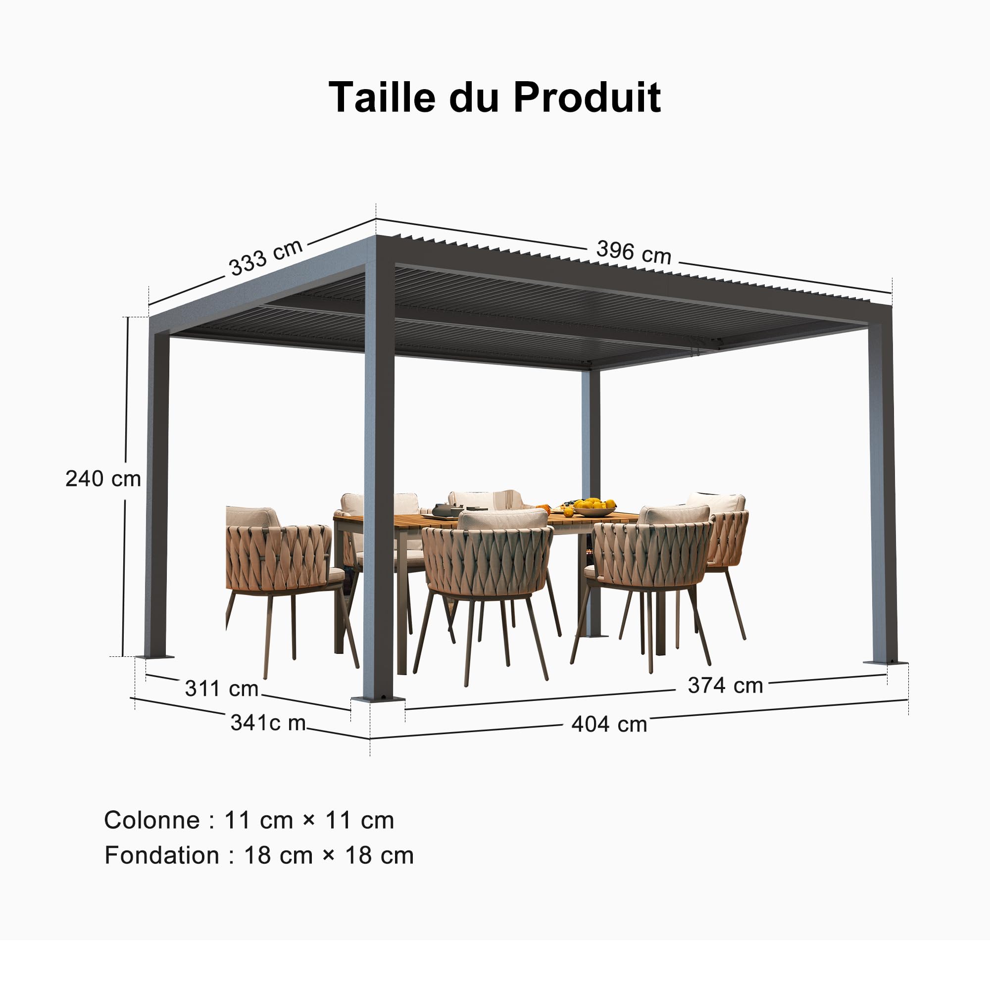 Pergola bioclimatique 4 x 3,3 m – Lattes réglables en aluminium de 13,2 m² – Auvent de jardin parfait pour patio et terrasse – Couleur grise – Design moderne pour une vie en extérieur améliorée