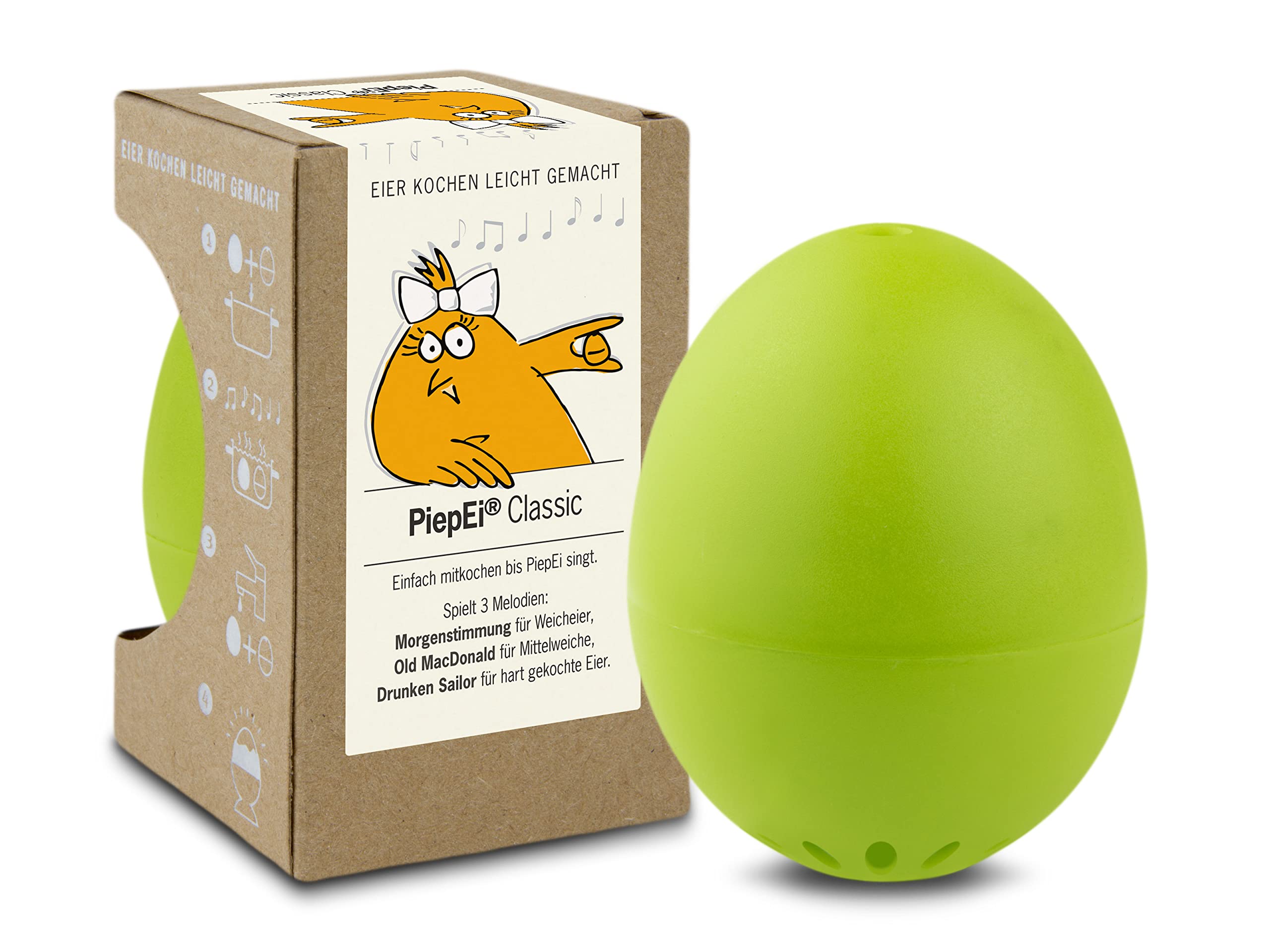 PiepEi Classic Singing Egg Timer Light Green for Cooking 3 Hardness Levels Sound Egg with 3 Melodies Funny Kitchen Egg Brainstream