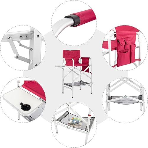 Miniatura 8 de Vasitelan Silla plegable alta para directores con bolsa de almacenamiento para mesa auxiliar, altura de barra portátil para maquilladores, marco de